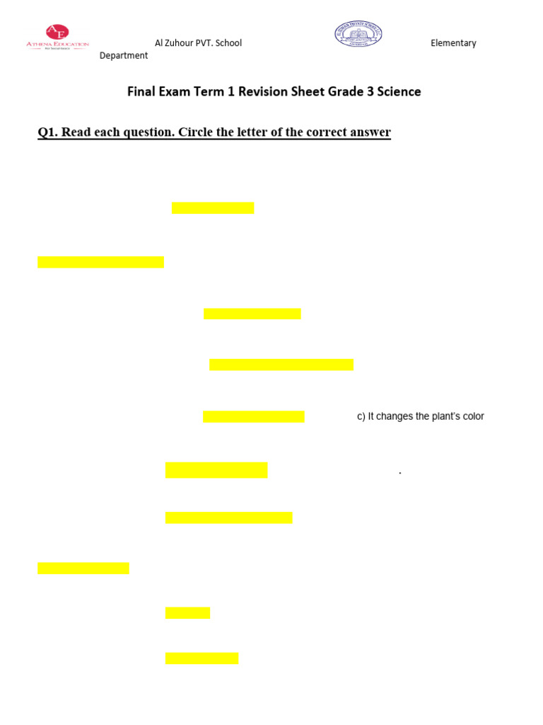 Answer Key Science Revision Final Term 1 Exam | PDF | Trees | Plants