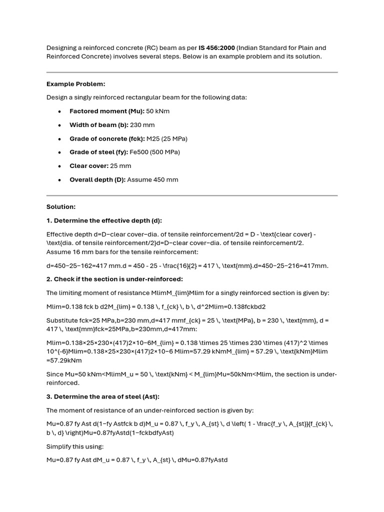 RC Beam Design Example per IS 456:2000 | PDF | Reinforced Concrete ...