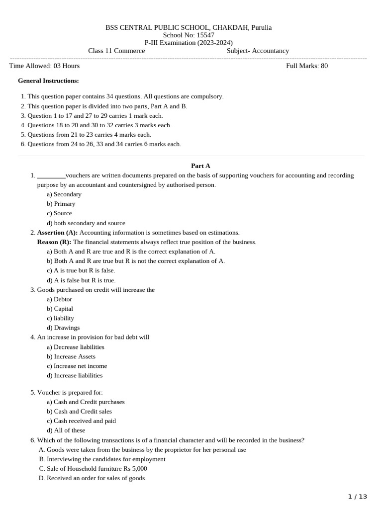 Class 11 Accountancy Exam Paper 2023 | PDF | Debits And Credits | Banks