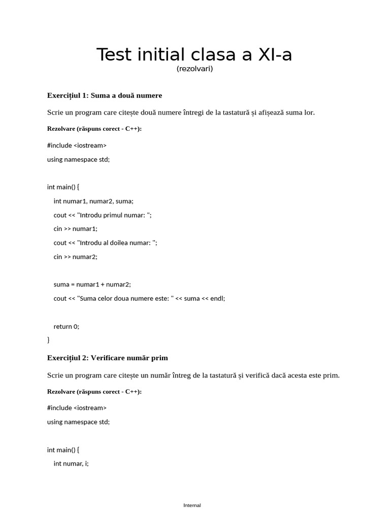 Test Initial Clasa A XI-a Rezolvare | PDF