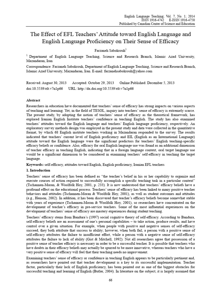 The Effect of EFL Teachers' Attitude | PDF | Self Efficacy | Statistics
