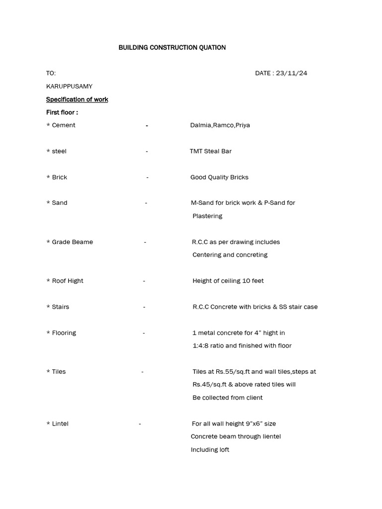 Building Construction Quotation | PDF | Concrete | Wall