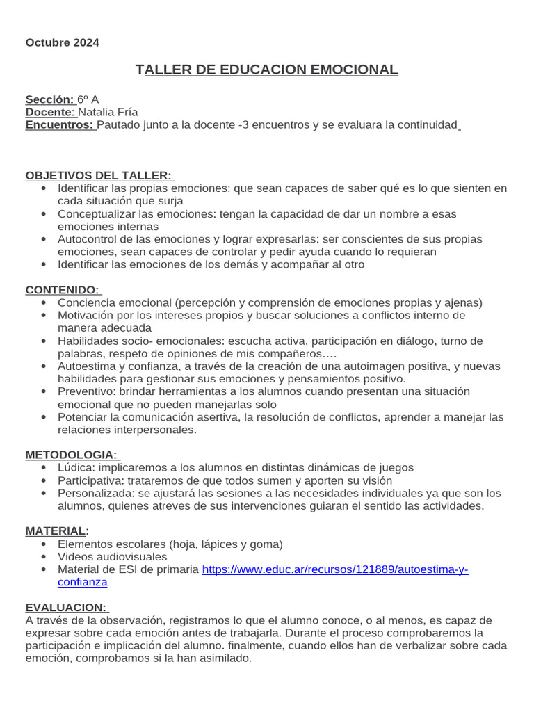 Taller de Educación Emocional 6º A | PDF | Las emociones | Autoestima