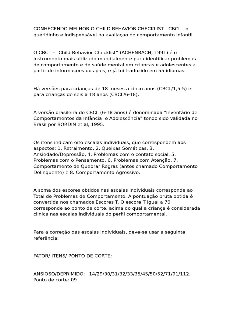 Avaliação do Comportamento Infantil com CBCL | PDF | Depressão ...