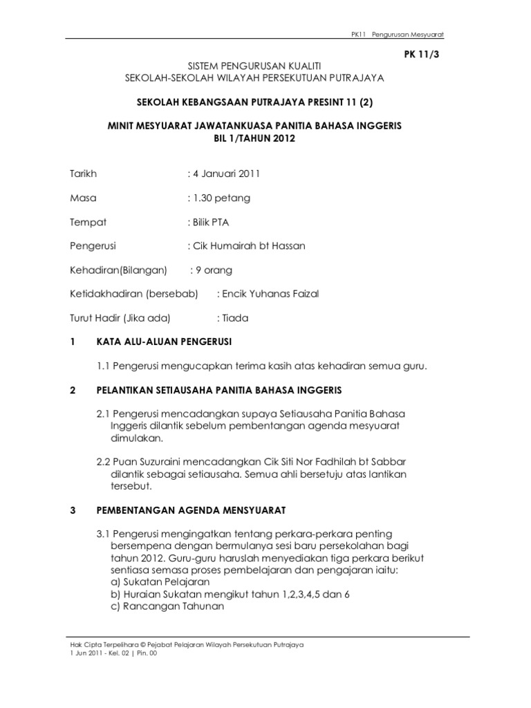 Minit Mesyuarat English Bil 1 Pdf