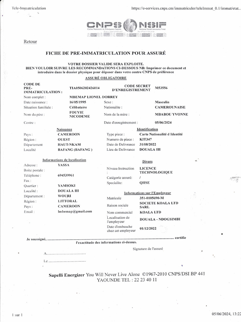 Pré-immatriculation CNPS Cameroun | PDF