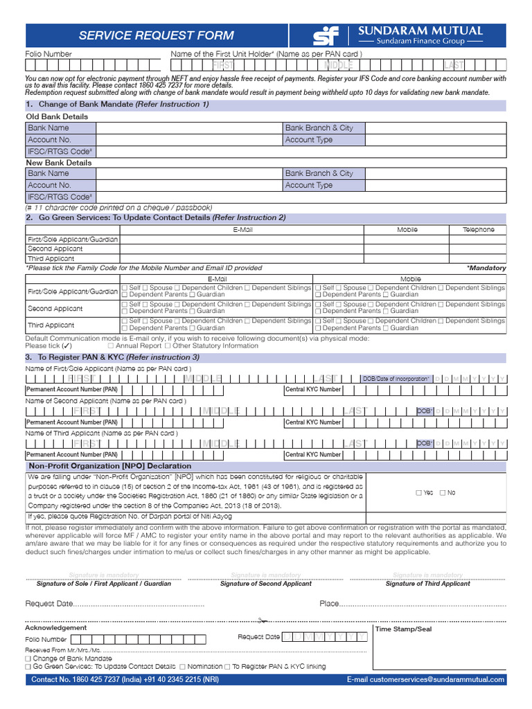 Sundaram Service Request Form | PDF | Banks | Nonprofit Organization