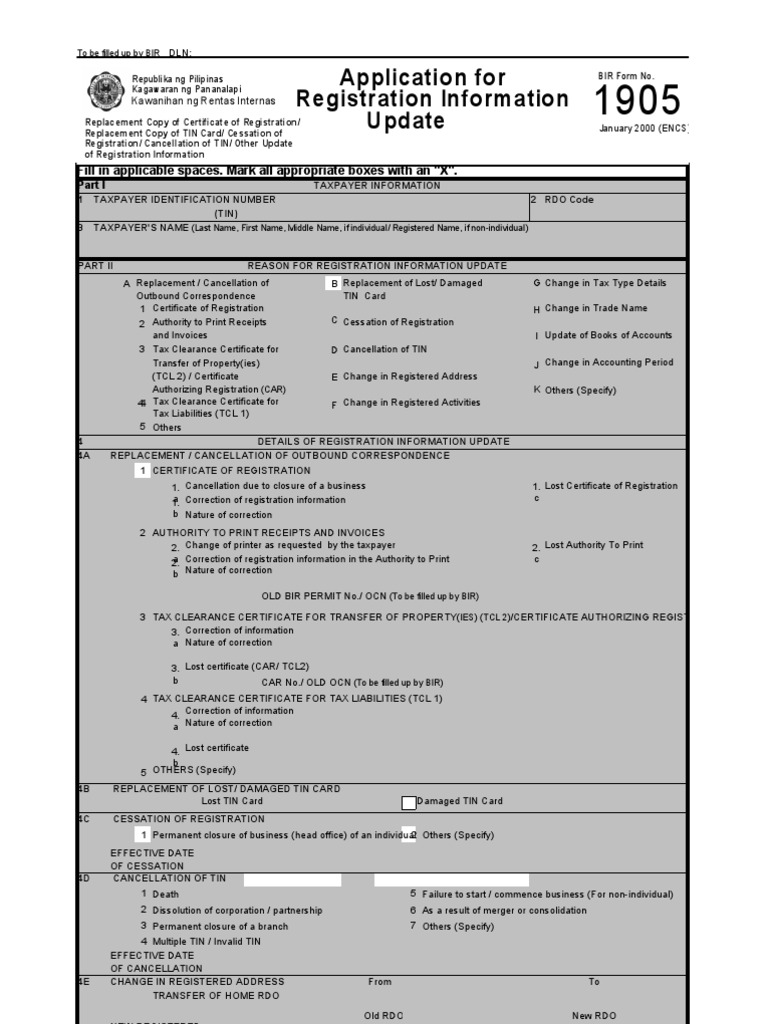 Form BIR Form 1905 Invoice Fiscal Year