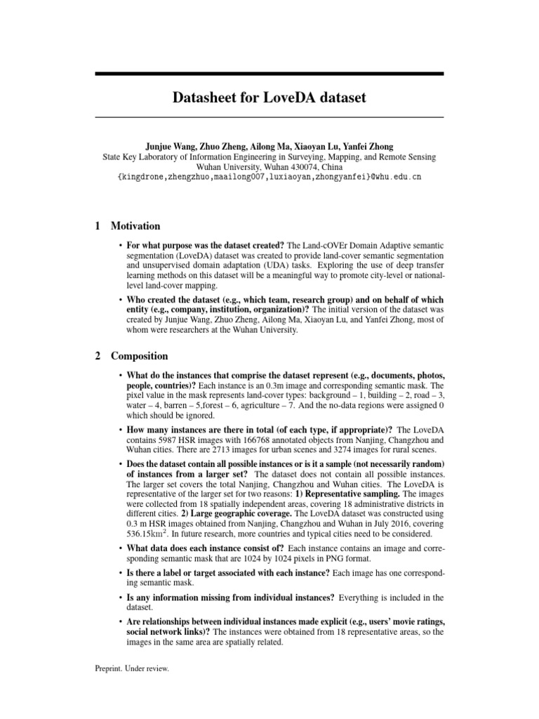 Datasheet for LoveDA dataset | PDF | Image Segmentation | Creative ...