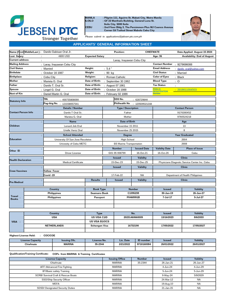 Jebsen PTC Application Form: Danilo Oral Jr. | PDF