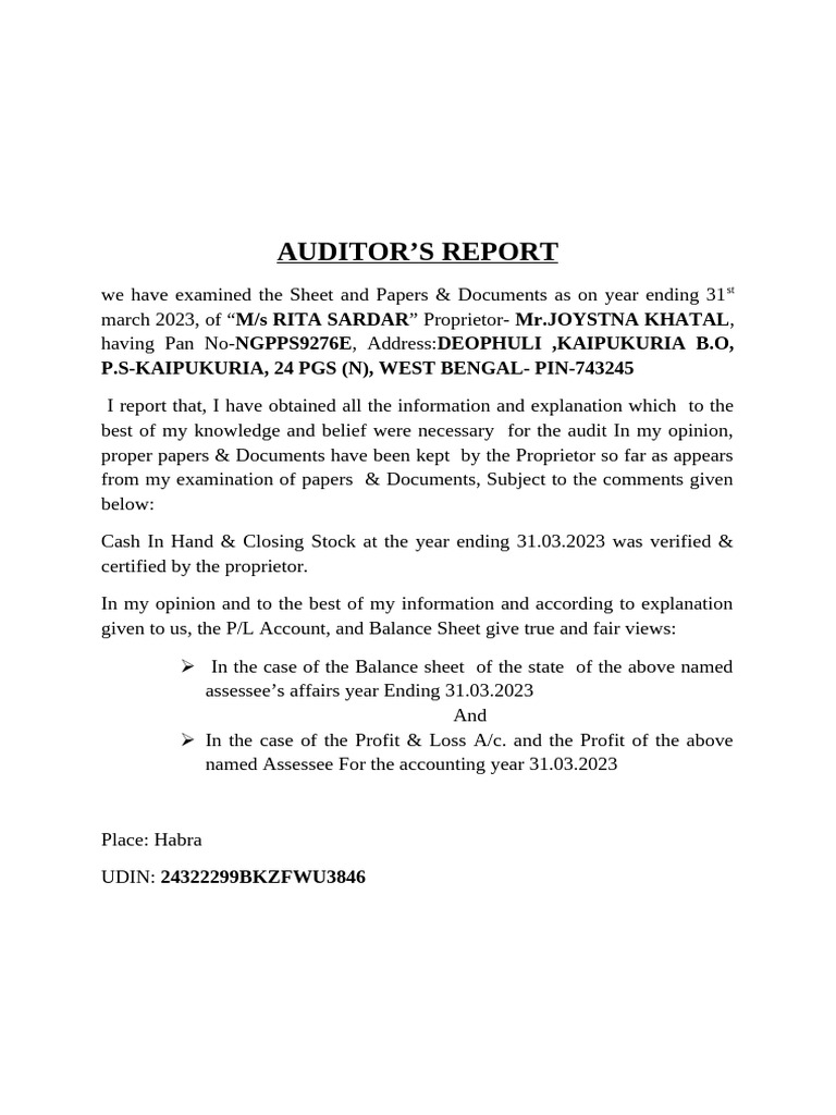 Auditor's Report for M/s Rita Sardar 2023 | PDF