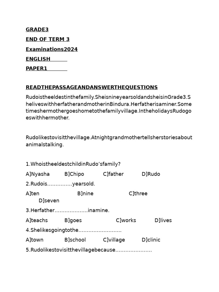 Grade 3 End Of Year English Paper 1 Pdf