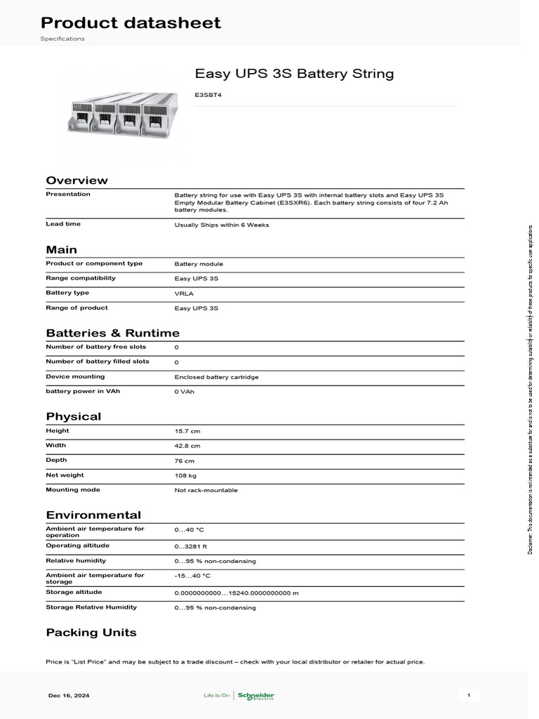 Easy UPS 3S Battery String E3SBT4 Overview | PDF | Economy And The ...