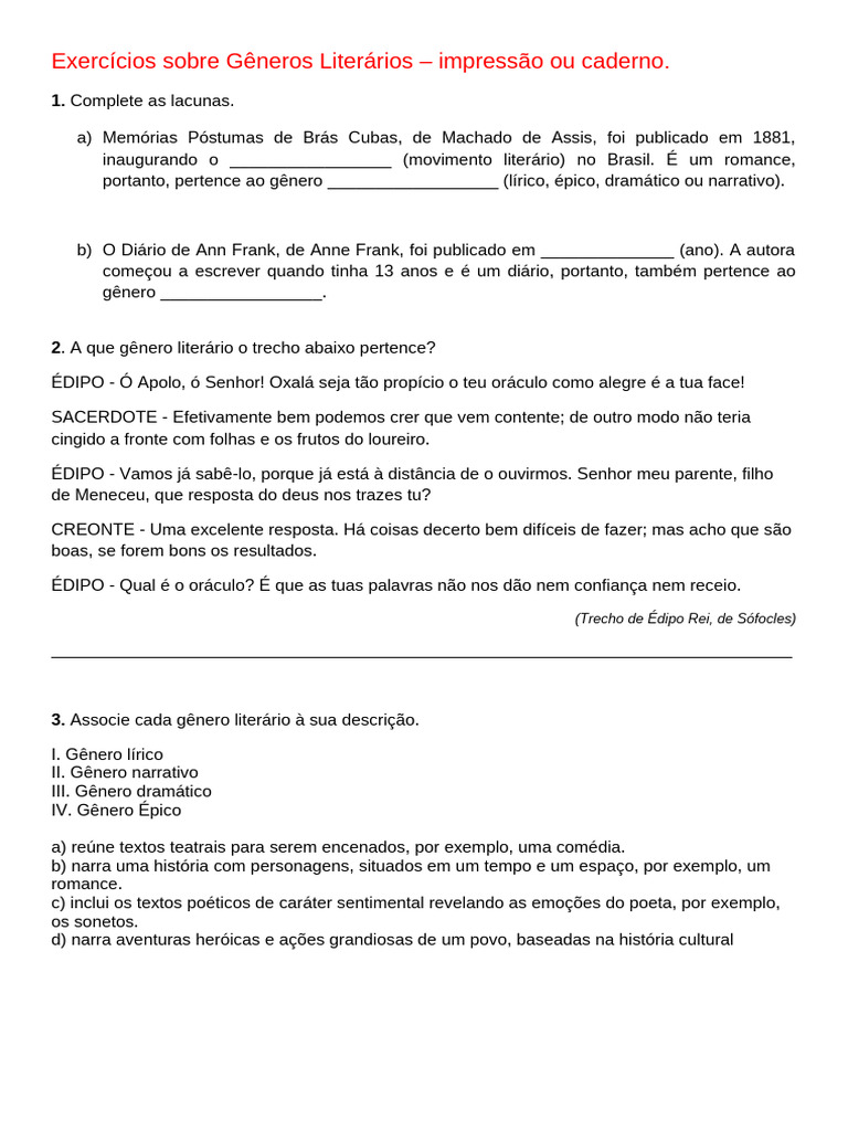 Exercícios sobre Gêneros Literários | PDF