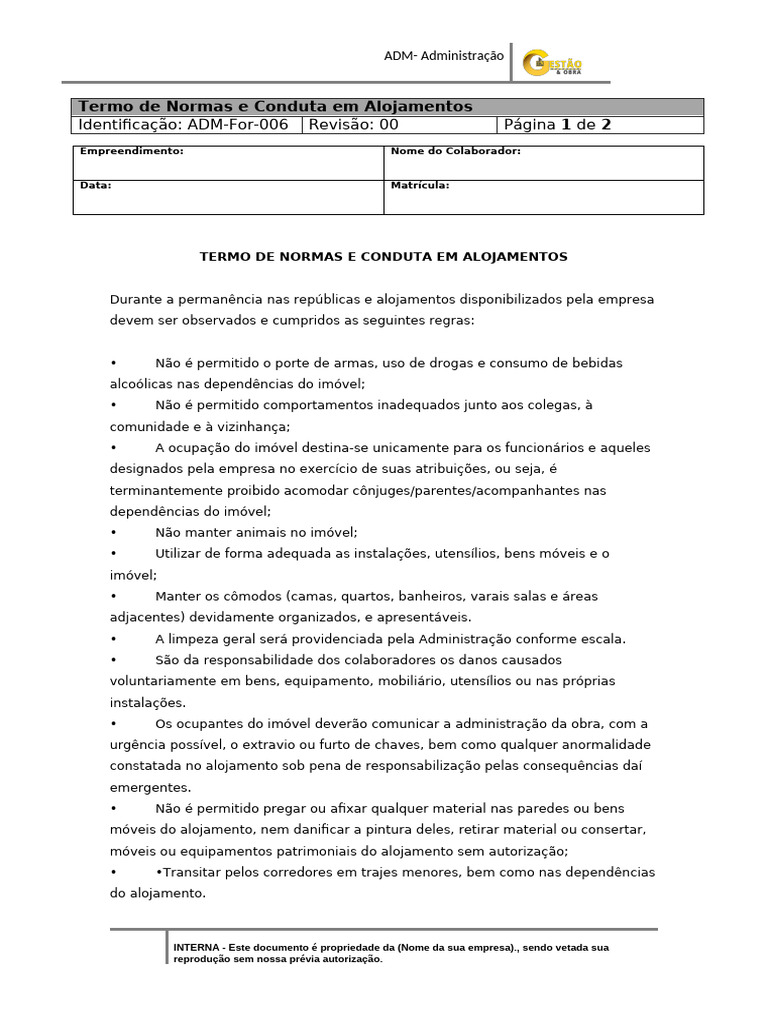 Normas de Conduta em Alojamentos | PDF