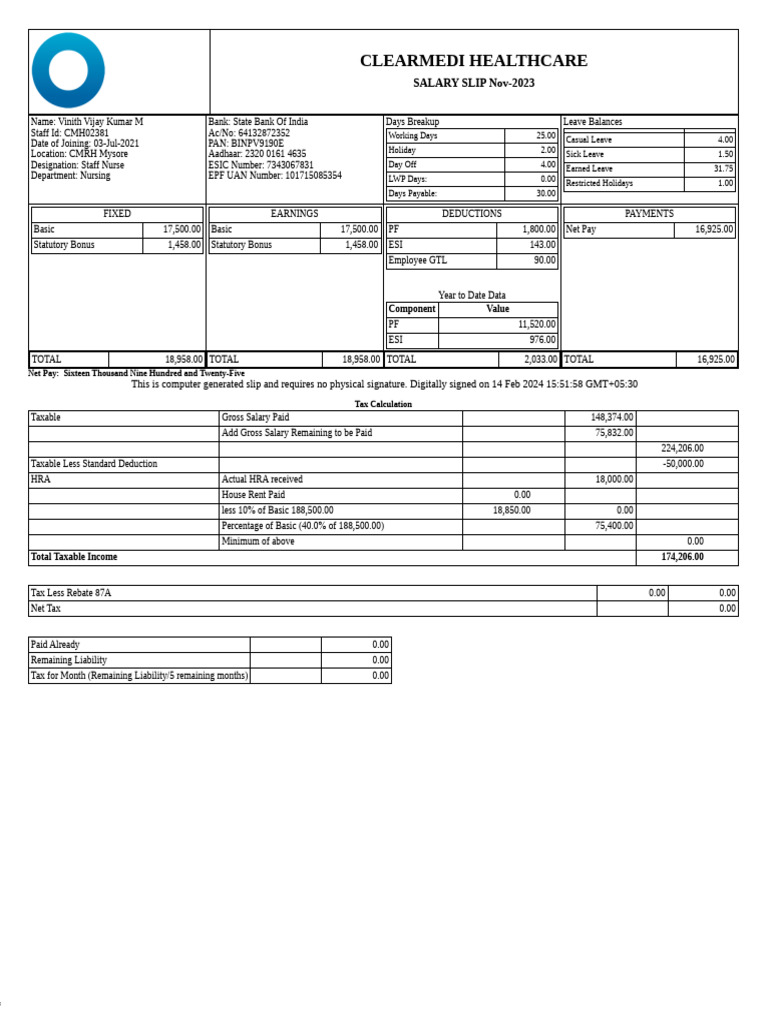 November 2023 Salary Slip Summary | PDF | Salary | Taxes