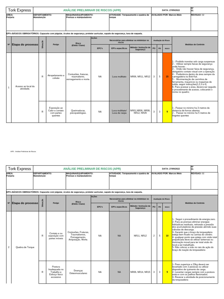 Modelo de APR em Excel | PDF | Queimadura
