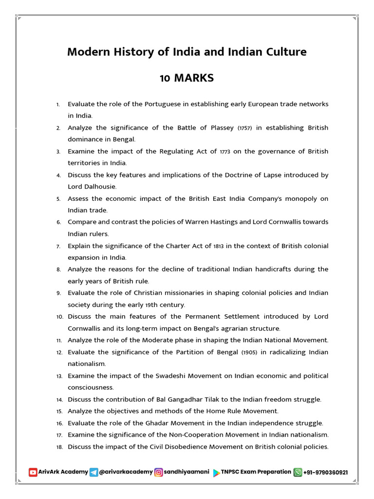 TNPSC Group 1 Mains History Questions | PDF | Indian Independence ...