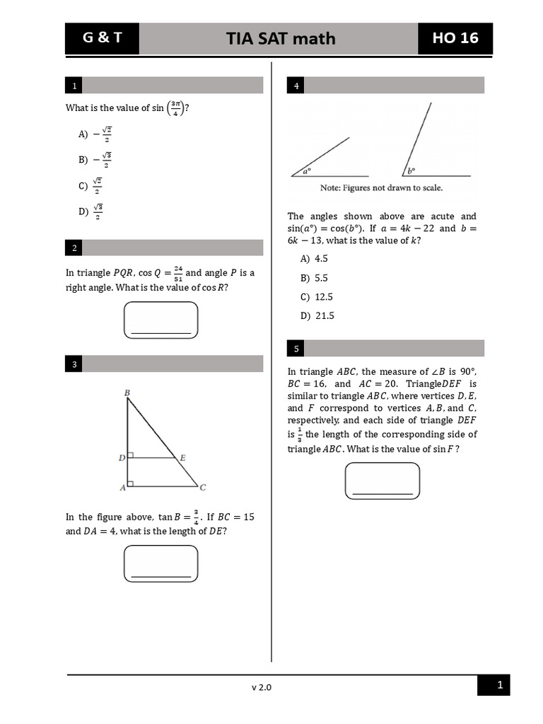 SAT Trigonometry Practice Problems | PDF | Triangle | Elementary ...