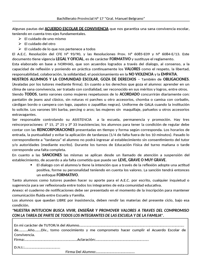 Acuerdo Escolar de Convivencia 2023 | PDF