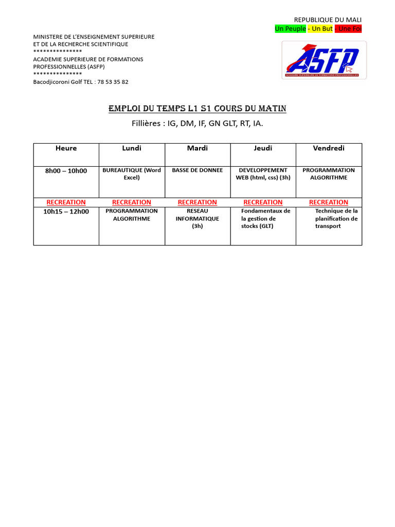 Emploi du Temps L1 S1 ASFP Mali | PDF