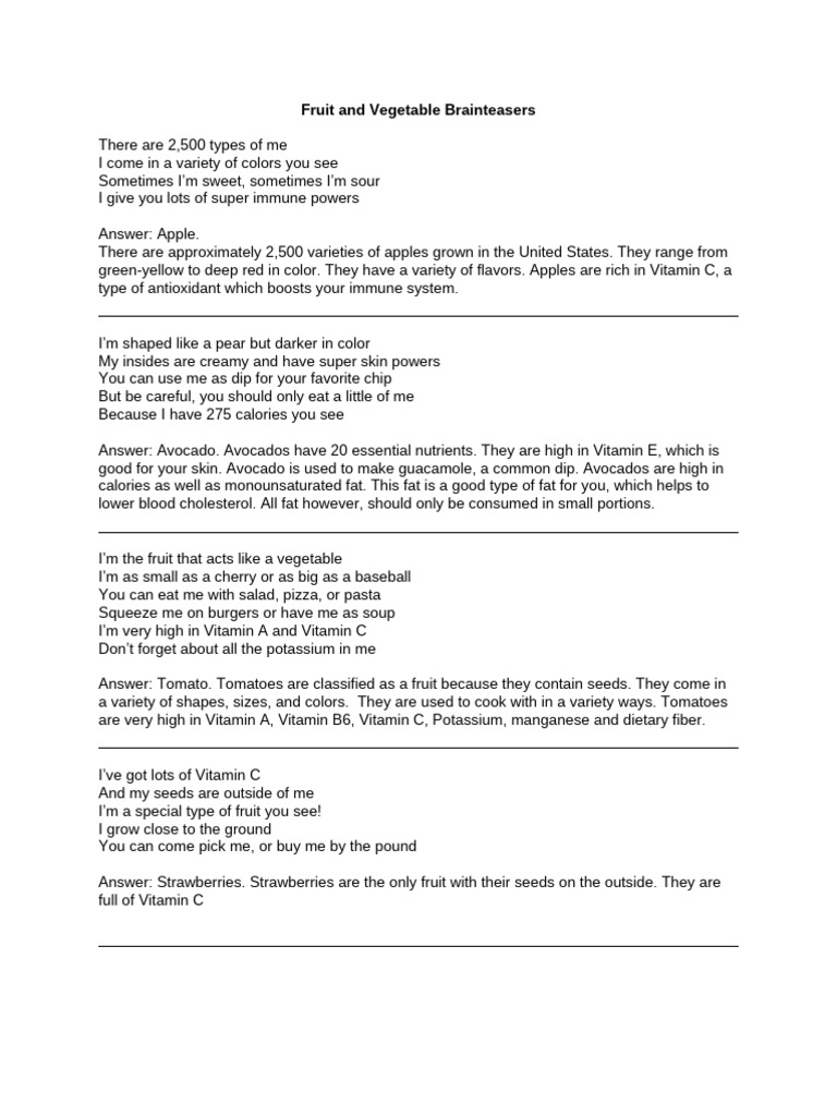 Nutrition Brainteasers and Riddles K-12 | PDF | Vegetables | Avocado