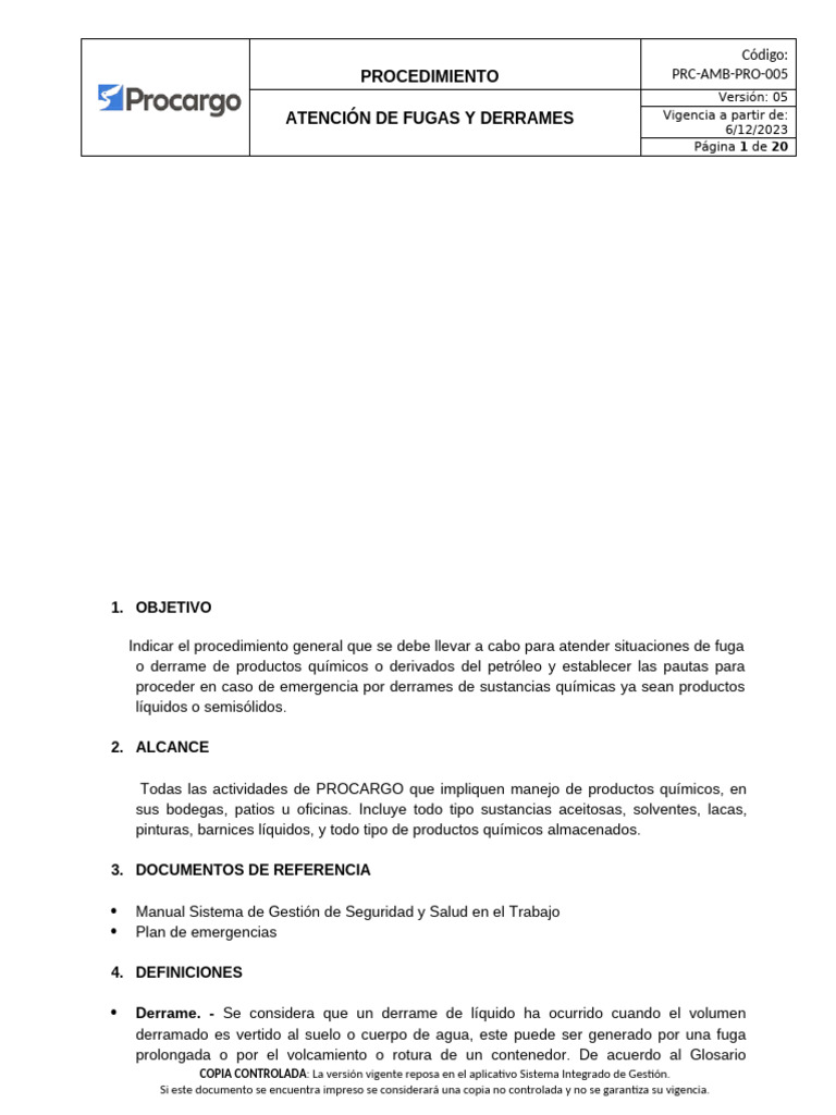 Procedimiento para Atención de Derrames | PDF | Residuos | Agua