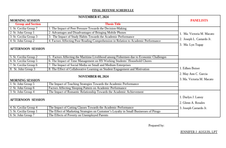 Final Defense Schedule: November 2024 | PDF