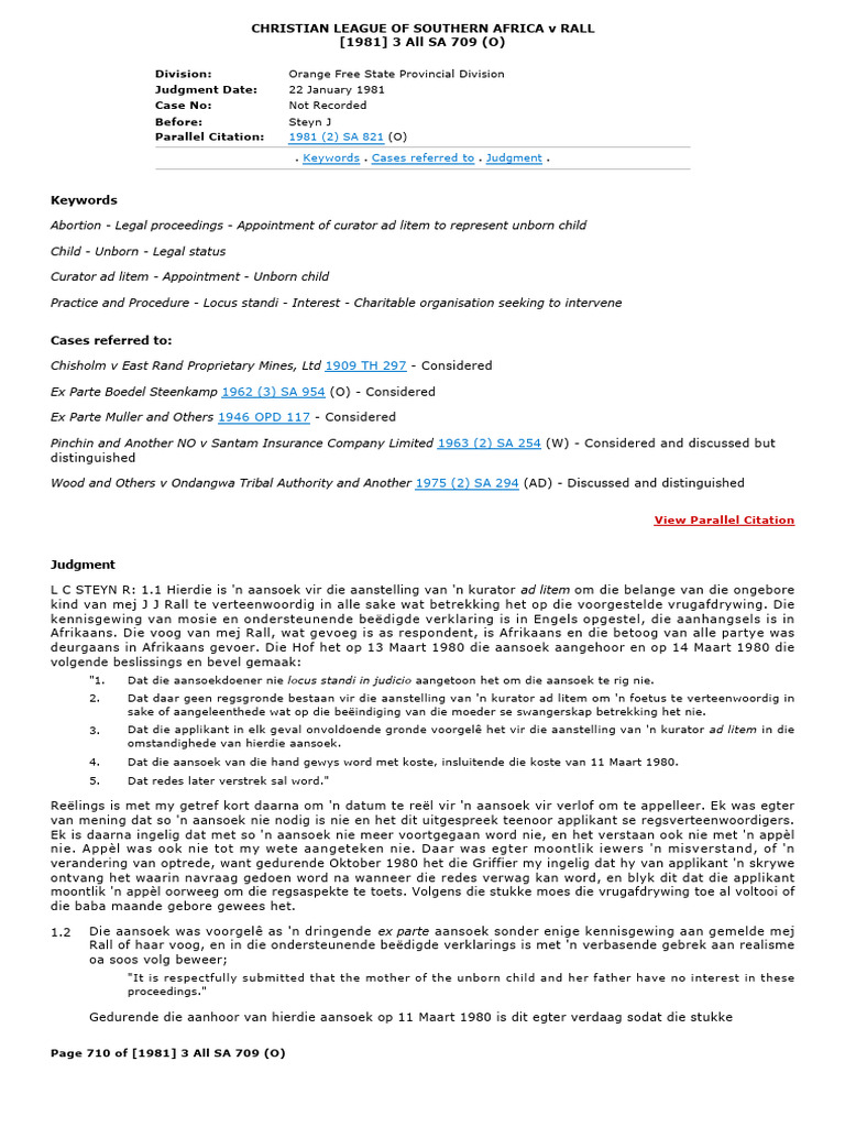 CHRISTIAN LEAGUE OF SOUTHERN AFRICA V RALL (1981) 3 All SA 709 (O) | PDF