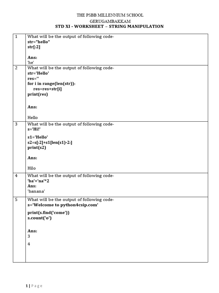 STD Xi CSC Worksheet - String Manipulation1731734109 | PDF | Computer ...
