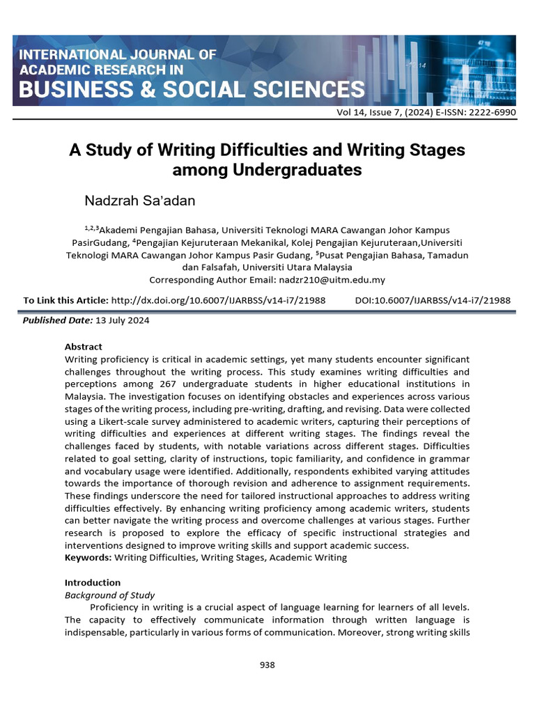 A study of writing difficulties and writing stages among undergraduates