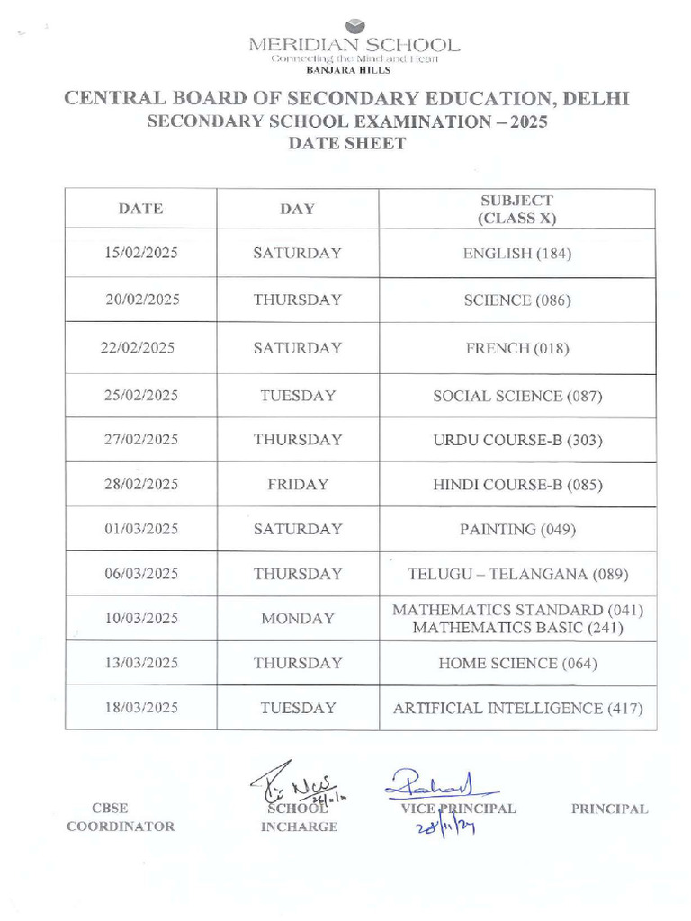 Grade X Board Exam Datesheet | PDF