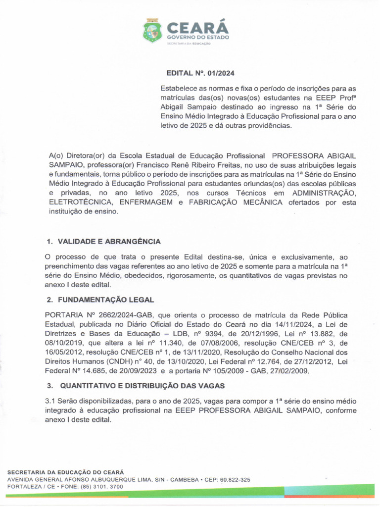 Eeep Profa Abigail Sampaio Edital Inscricoes 2025 | PDF