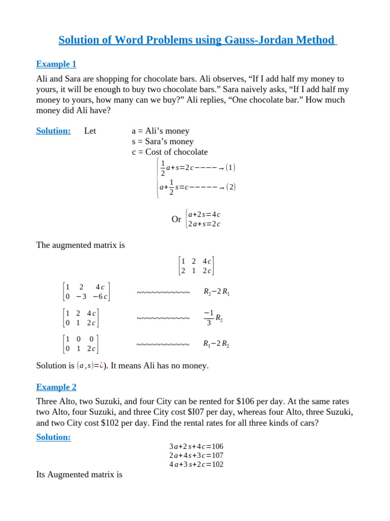 Gauss-Jordan Method for Word Problems | PDF | Traffic | Equations
