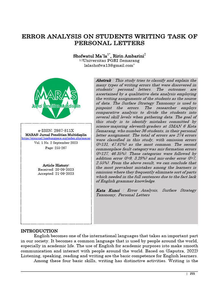 Error Analysis On Students Writing Task of Personal Letters ...