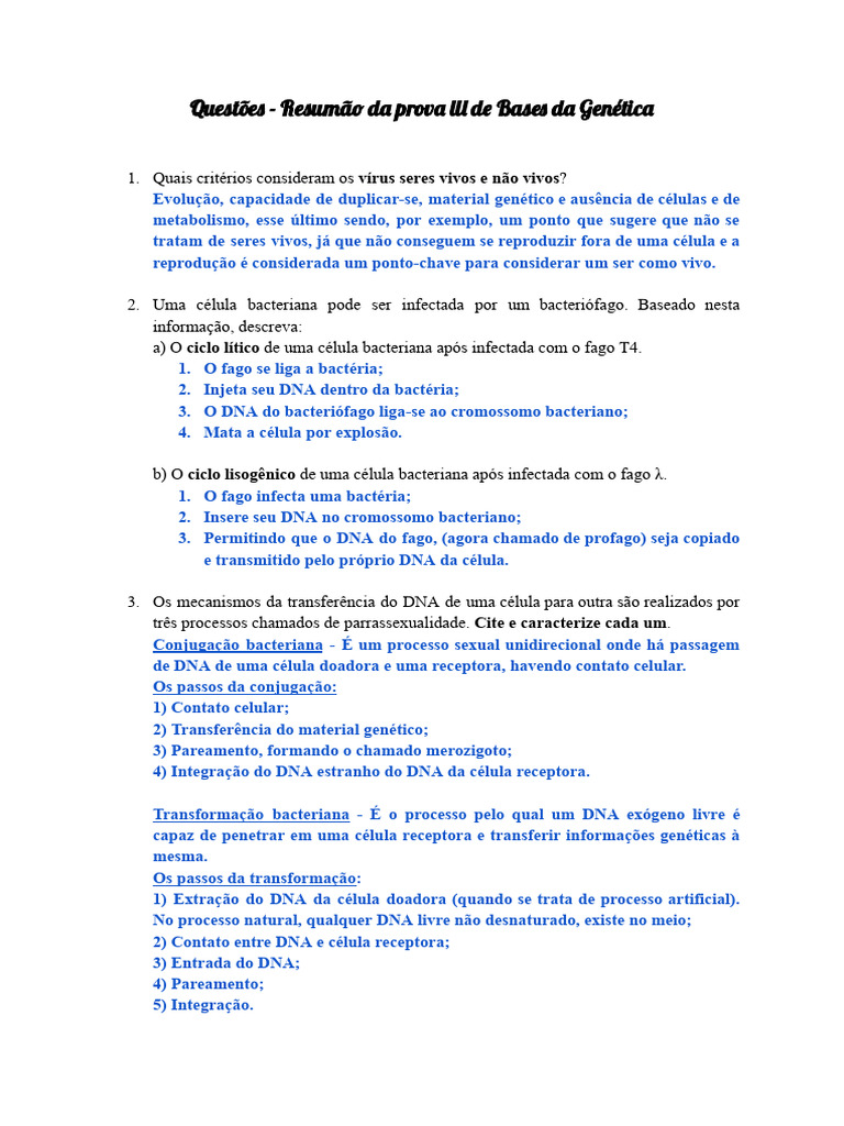 Questões Resumão Da Prova Lll De Bases Da Genética Pdf Plasmídeo