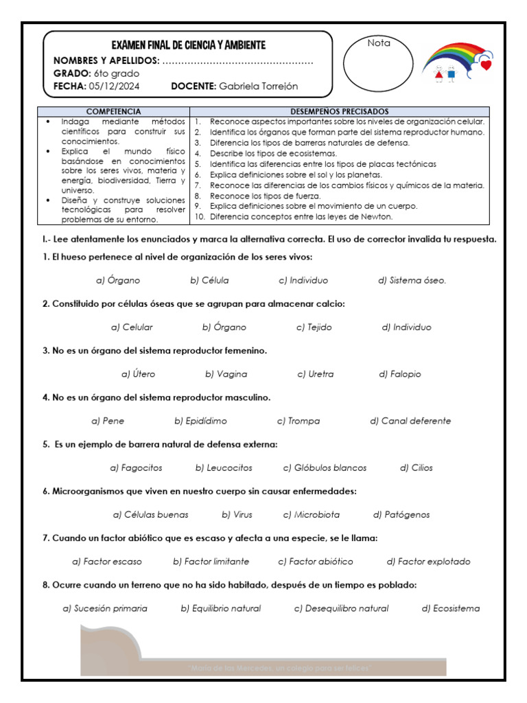 Examen Final de Ciencia y Ambiente | PDF | Las leyes del movimiento de ...