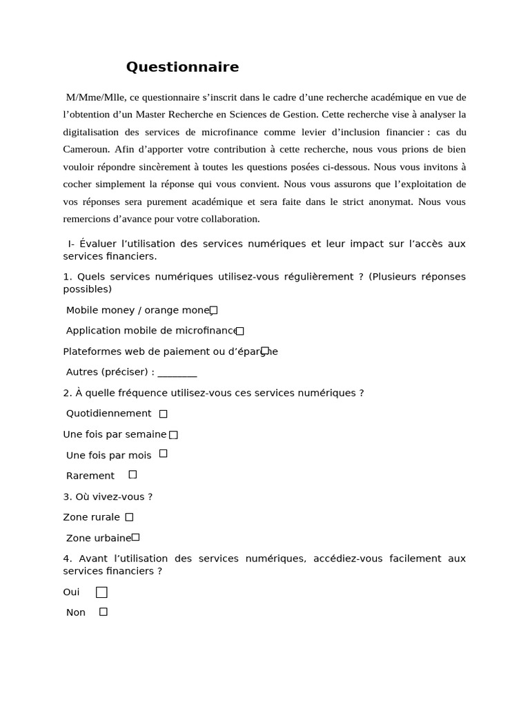 Questionnaire sur la digitalisation en microfinance | PDF | Banques ...