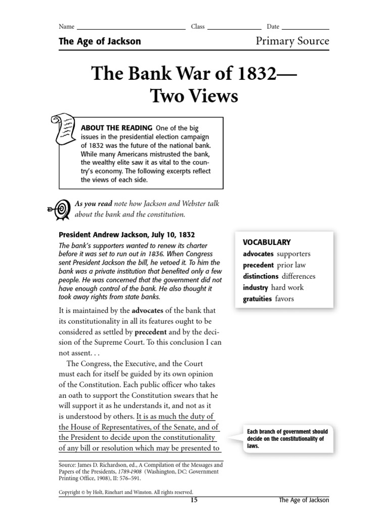 Harold Woolery III - The Bank War of 1832 - Two Views | PDF | United ...
