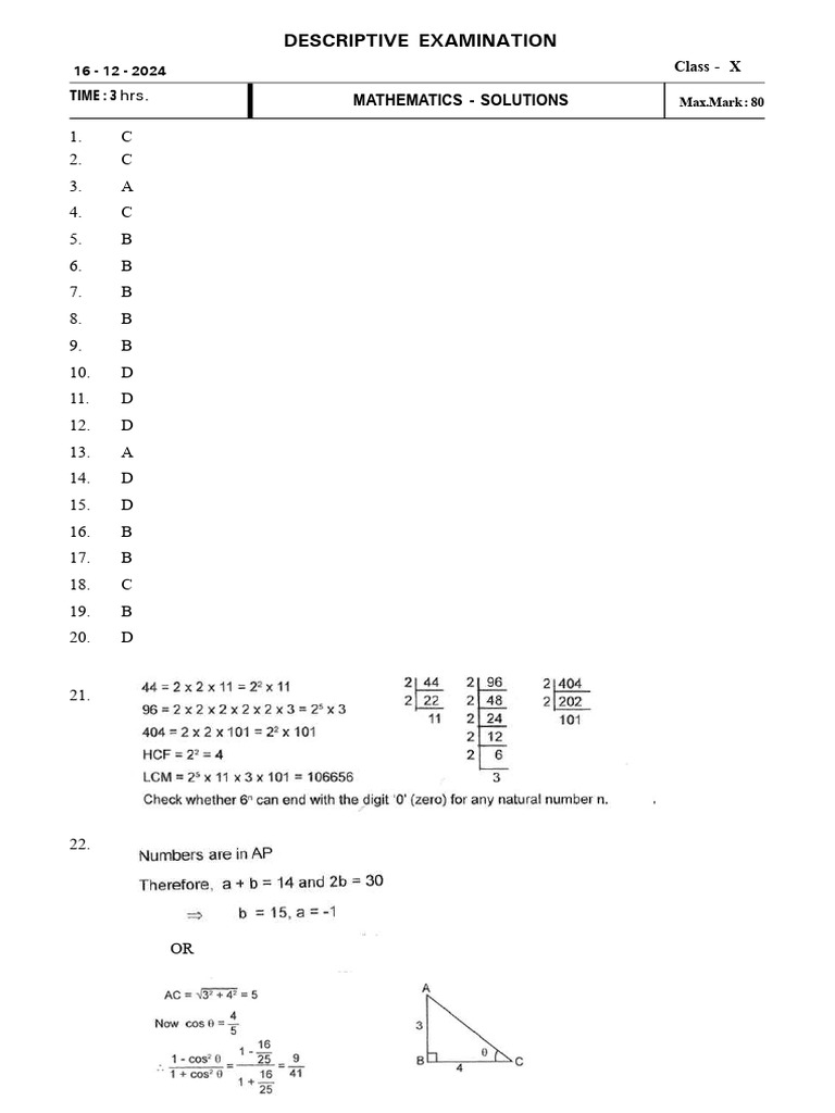 Class X Mathematics Exam Solutions | PDF