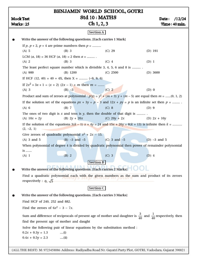 Std 10 Maths Mock Test - Benjamin School | PDF | Quadratic Equation ...