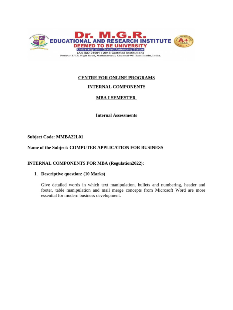 MBA Computer Applications Assessment Guide | PDF