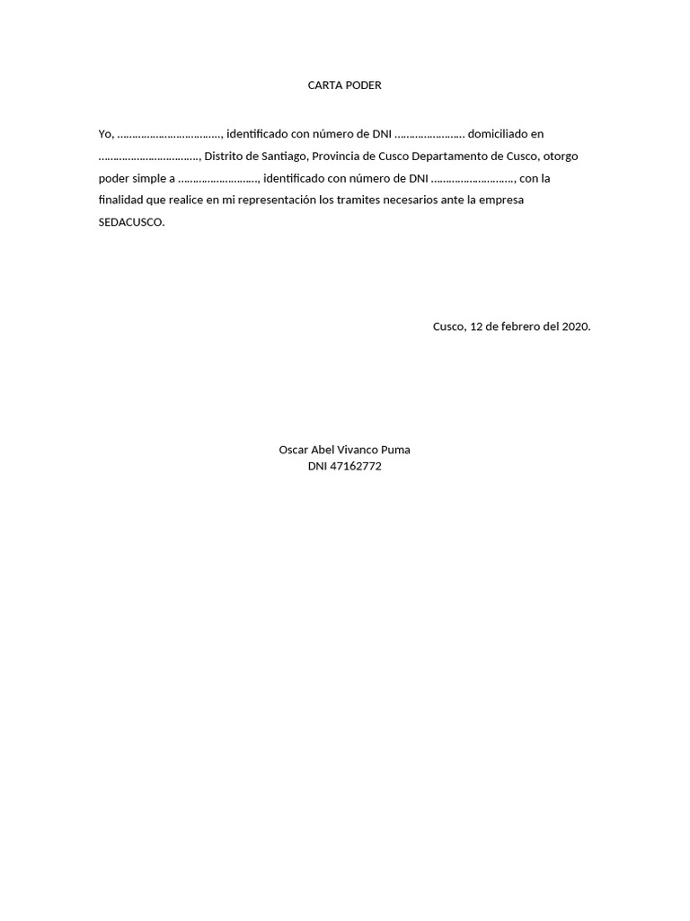 Carta Poder para Tramites SEDACUSCO | PDF