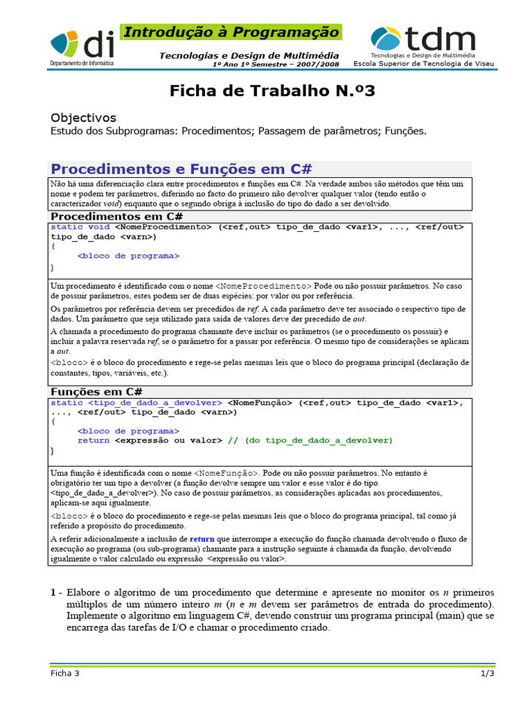 Procedimentos e Funções em C# | PDF | C Sharp (linguagem de programação ...