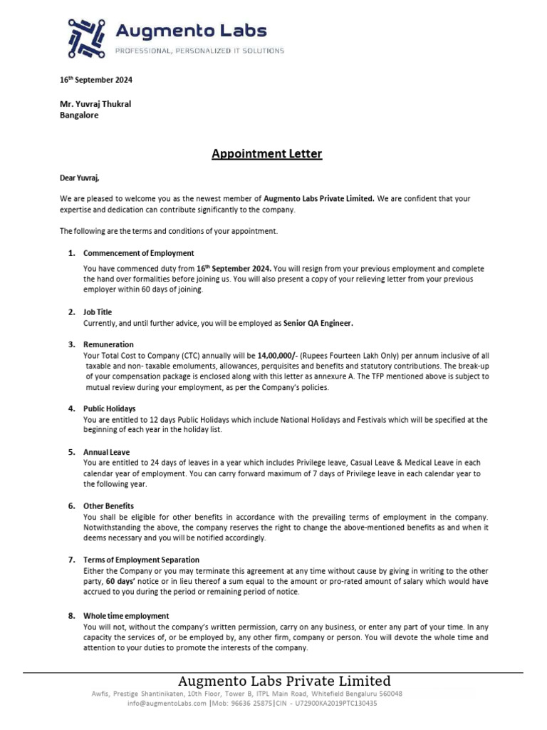 Signed Appointment Letter | PDF | Employment | Common Law