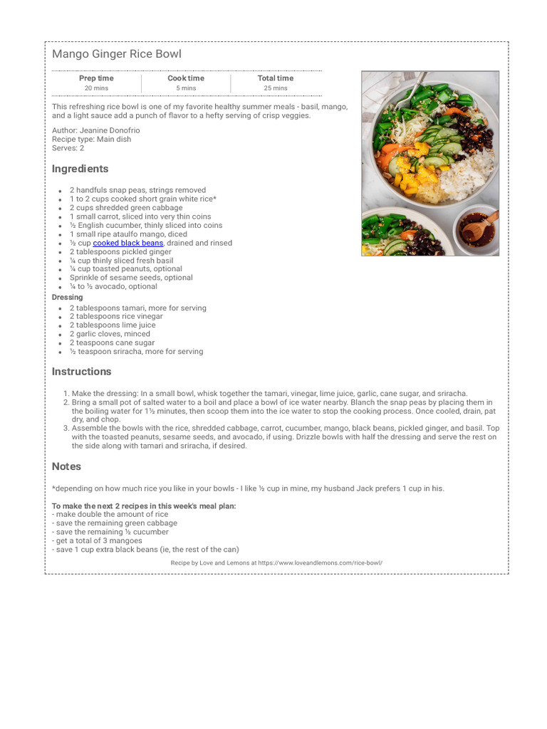 Mango Ginger Rice Bowl Recipe | PDF