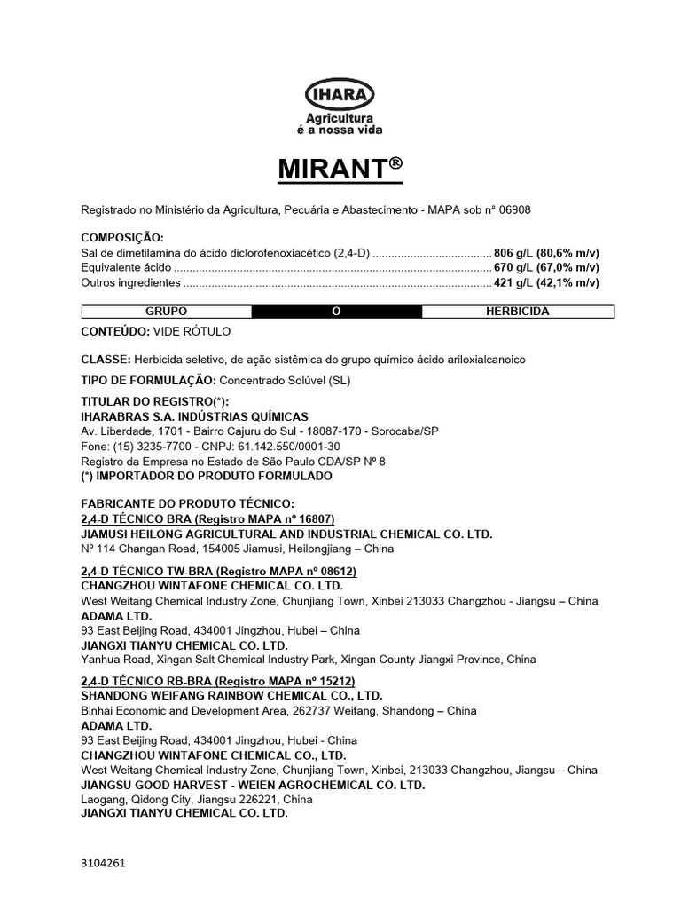 Herbicida MIRANT: Composição e Uso | PDF | Embalagem e rotulagem ...