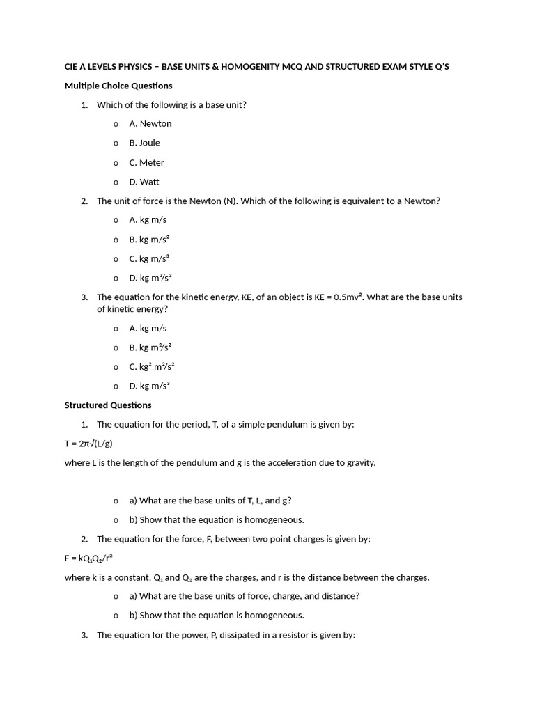 A Level Physics Base Units MCQs & Questions | PDF