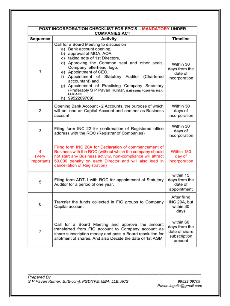 Post Incorporation Checklist For FPCs | PDF | Business | Companies