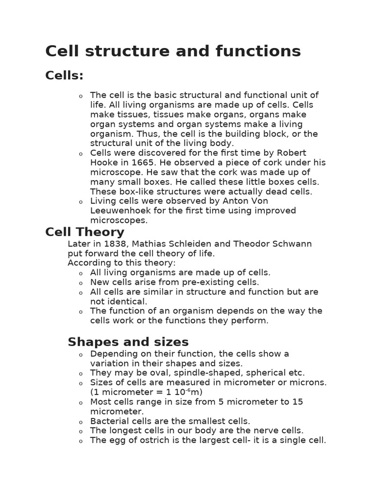 Cell Structure and Functions Class 8 Notes | PDF | Cell (Biology ...